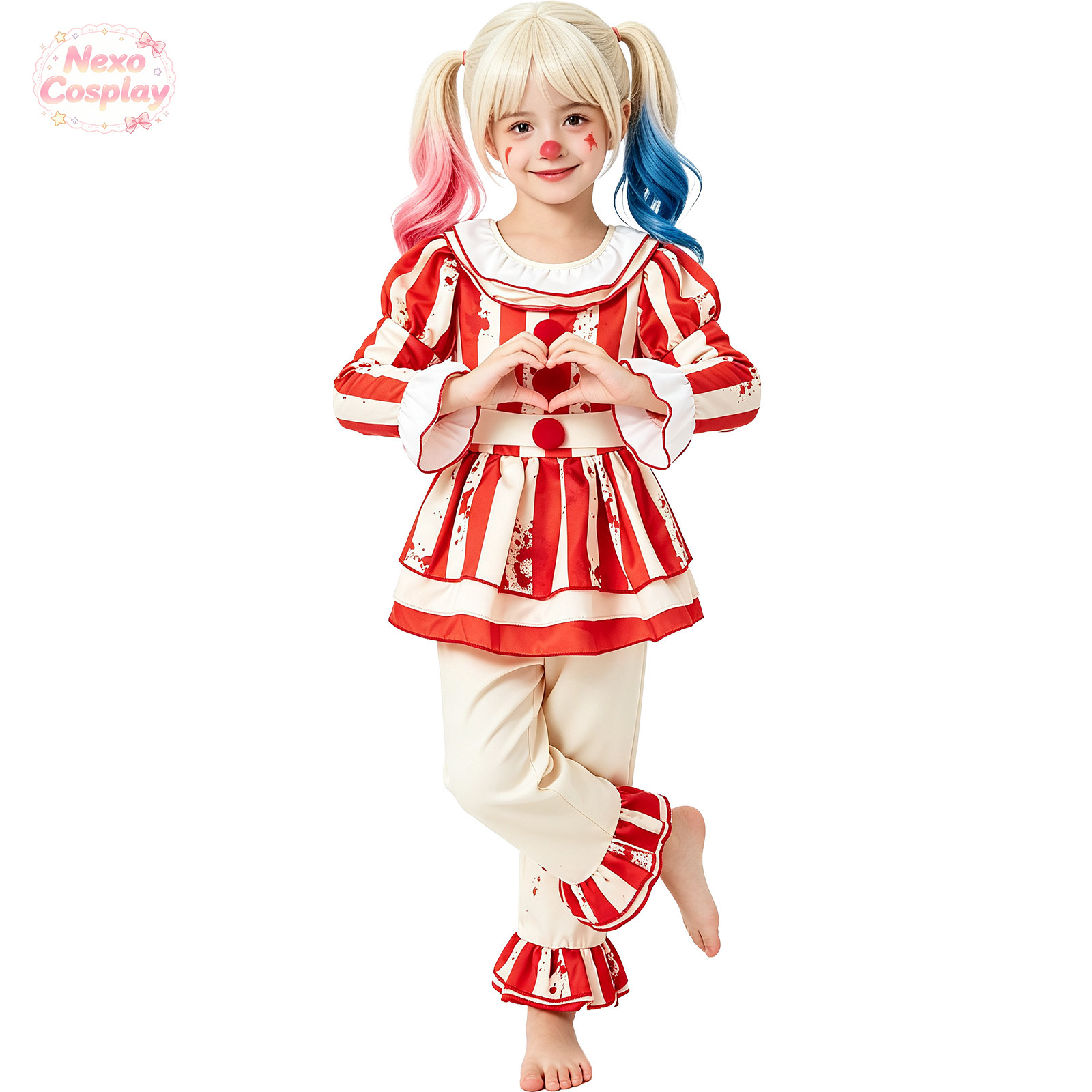 키즈 레드 화이트 스트라이프 공포 광대 정장 할로윈 코 - Kids Cosplay Anime 리뷰 및 가격