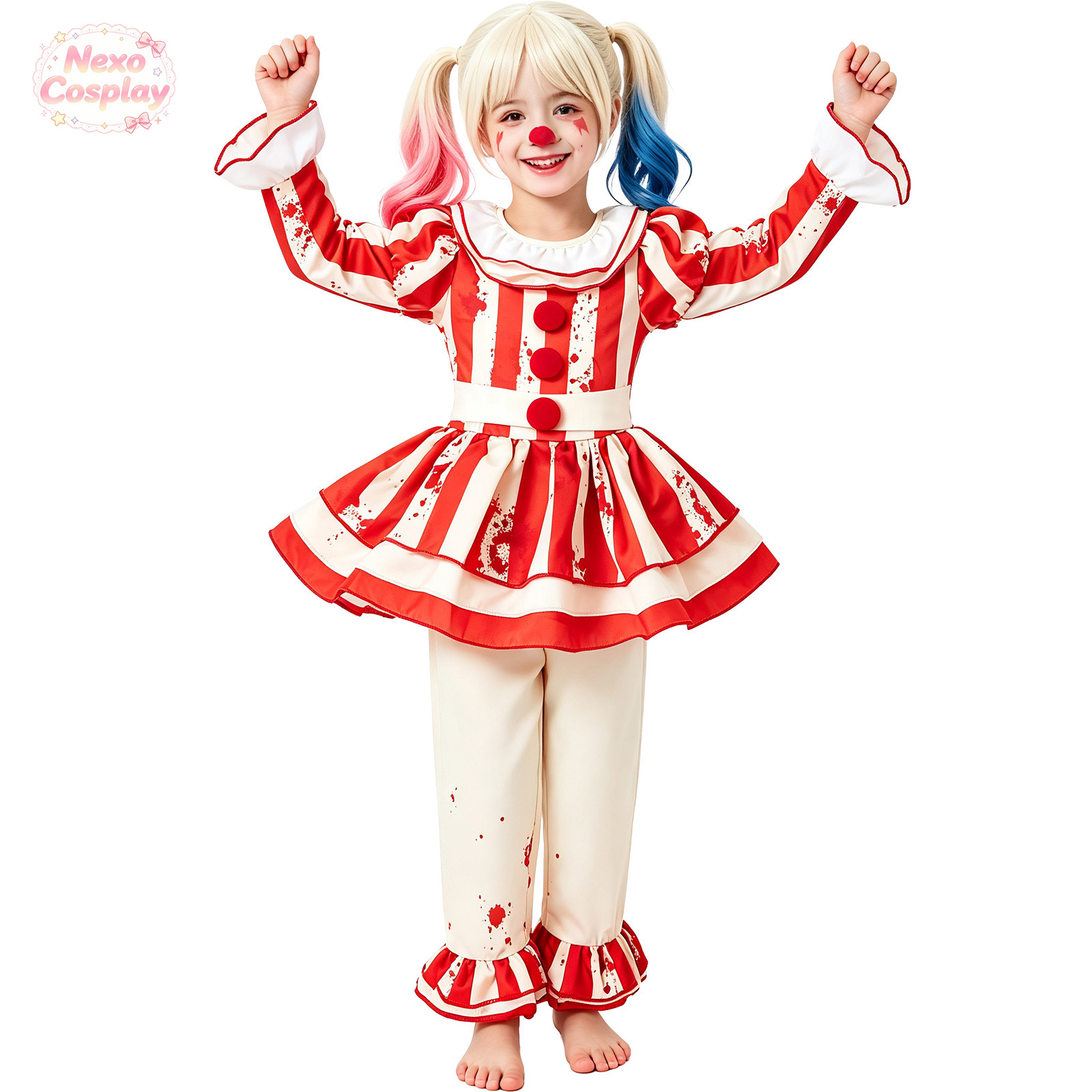 키즈 레드 화이트 스트라이프 공포 광대 정장 할로윈 코 - Kids Cosplay Anime 리뷰 및 가격